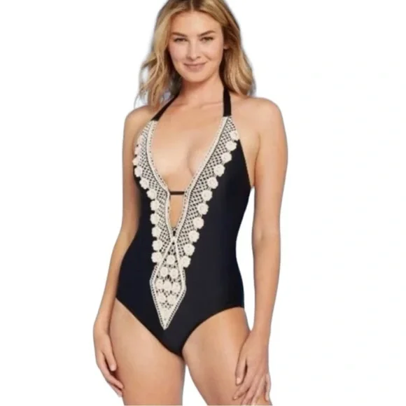 Kona Sol Navy Blue Crochet Necklace Coverage One Piece Swimsuit NEW - Picture 2 of 8